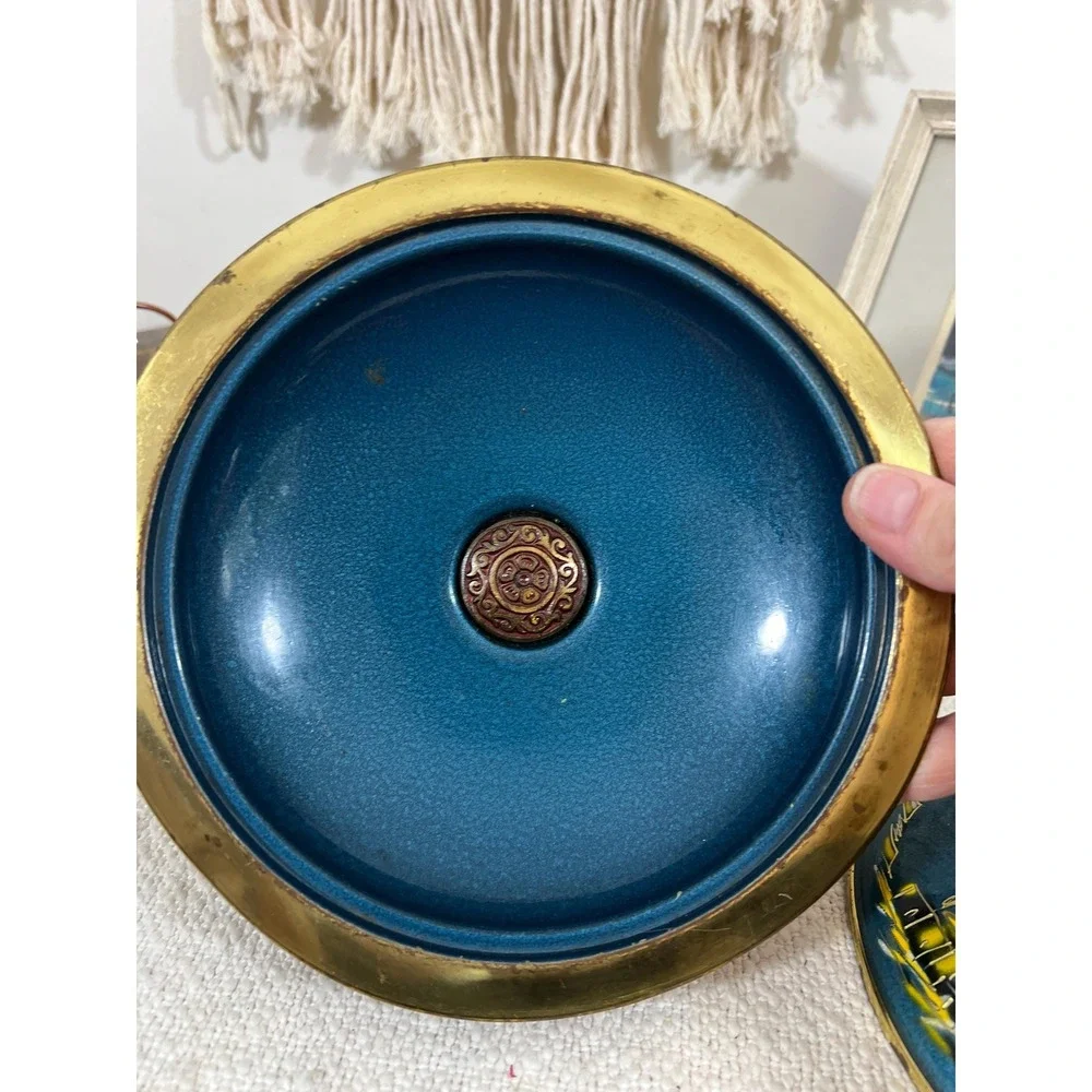 VTG Sabra Israel Hand-Painted Brass Enamel Covered Dish on Pedestal (3948)